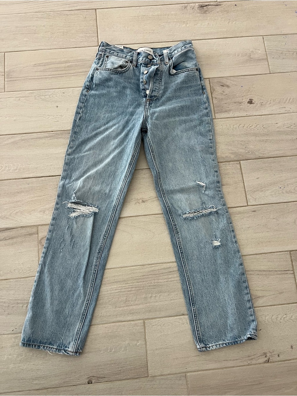 Denim Forum Light Blue Distressed Straight Leg Jeans
